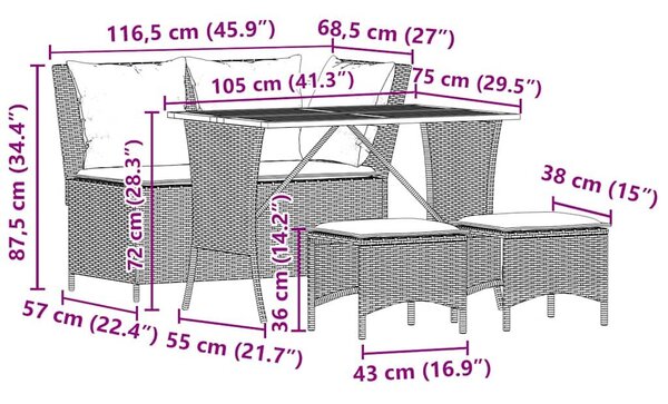 VidaXL 4 részes szürke polyrattan kerti étkezőszett párnával