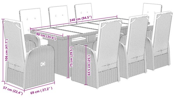 VidaXL Polyrattan Kerti Étkezőgarnitúra - 9 részes - Szürke