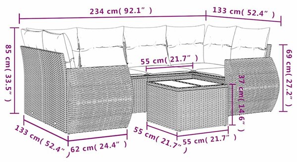 VidaXL 7 db fekete polyrattan kerti kanapégarnitúra párnákkal