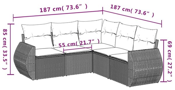 VidaXL 5 db barna polyrattan kerti kanapégarnitúra párnákkal