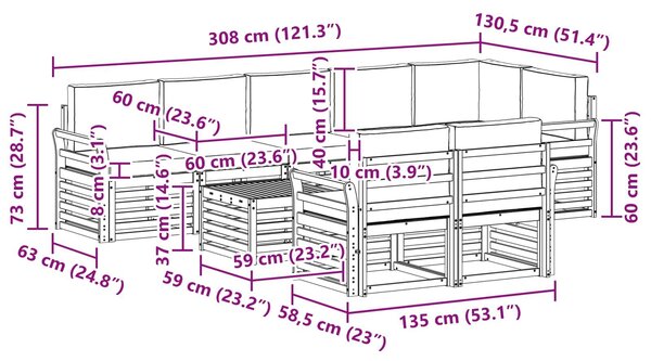 VidaXL Kültéri kanapé szett 9 pcs Fehér és Bézs 59 x 59 x 37 cm