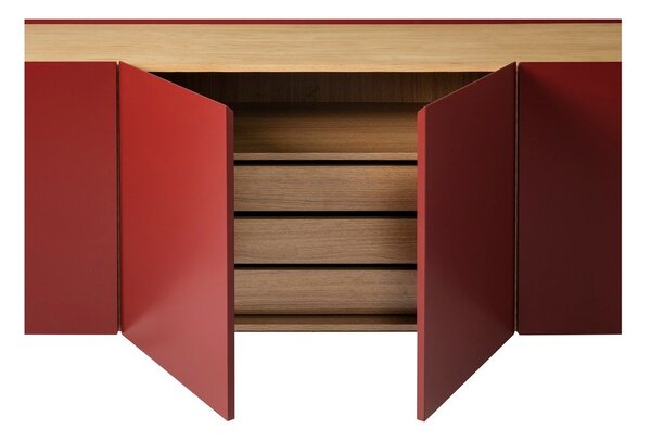 Piros alacsony komód tölgyfa dekorral 165x78 cm Arista – Teulat