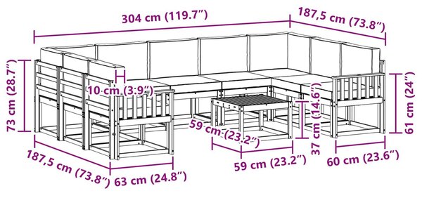 VidaXL Kültéri kanapé szett 10 pcs Fehér és Bézs 59 x 59 x 37 cm