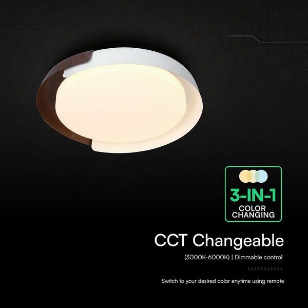 V-TAC okos dekoratív mennyezeti CCT LED lámpa, 48W, fehér és fa hatású, 500x80mm - SKU 24187