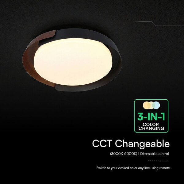V-TAC okos dekoratív mennyezeti CCT LED lámpa, 48W, fekete és fa hatású, 500x80mm - SKU 24186