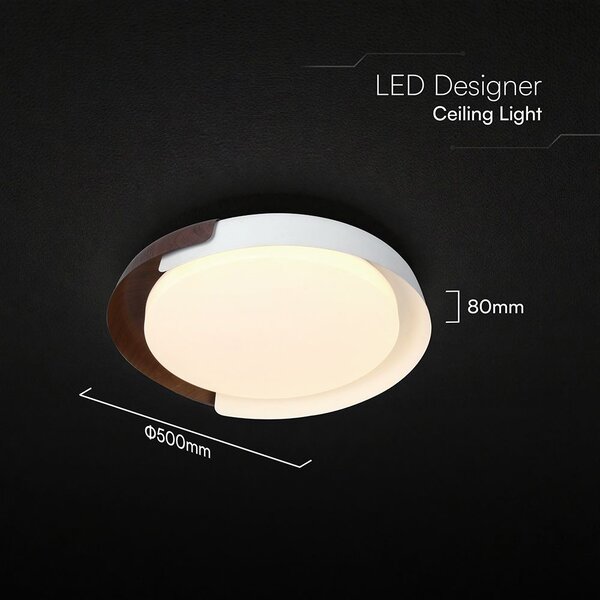 V-TAC okos dekoratív mennyezeti CCT LED lámpa, 48W, fehér és fa hatású, 500x80mm - SKU 24187