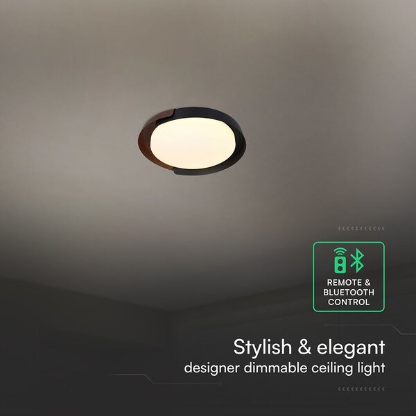 V-TAC okos dekoratív mennyezeti CCT LED lámpa, 48W, fekete és fa hatású, 500x80mm - SKU 24186