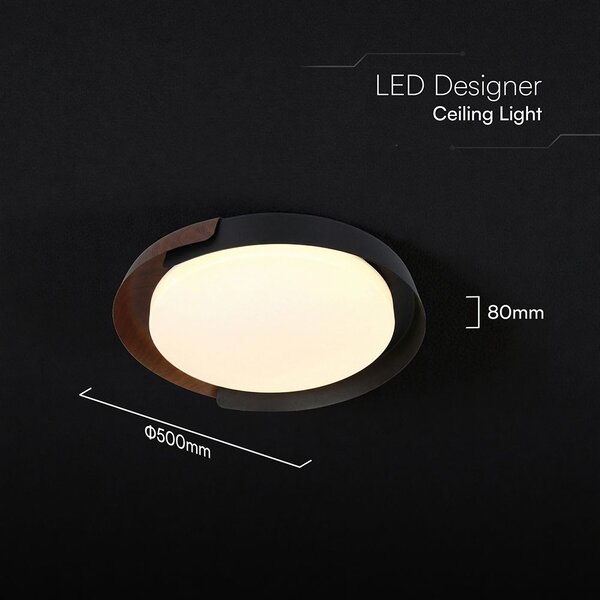 V-TAC okos dekoratív mennyezeti CCT LED lámpa, 48W, fekete és fa hatású, 500x80mm - SKU 24186
