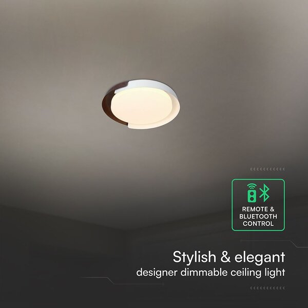 V-TAC okos dekoratív mennyezeti CCT LED lámpa, 48W, fehér és fa hatású, 500x80mm - SKU 24187