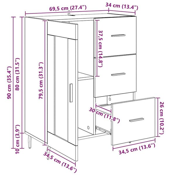 VidaXL Széf fiókkal Fekete tölgy 69,5 x 34 x 90 cm Műszaki fa és vas
