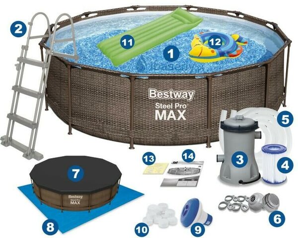 Bestway 56709 14 az 1-ben rattan keretes medence 366x100 fedél létra szivattyú