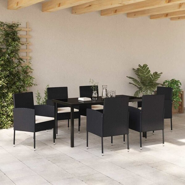 VidaXL Kert étkező szett párnával 7 pcs Fekete Poli rattan