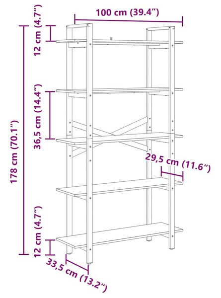 VidaXL Könyvespolc Füstölt tölgy 100 x 33,5 x 178 cm Faanyag