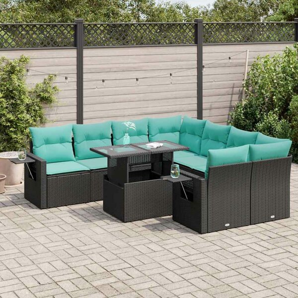 VidaXL 9 részes fekete polyrattan akácfa kerti ülőgarnitúra párnákkal