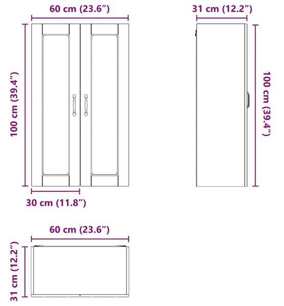 VidaXL Fali üveges szekrény PORTO Magas Fényű Fehér 60 x 31 x 100 cm