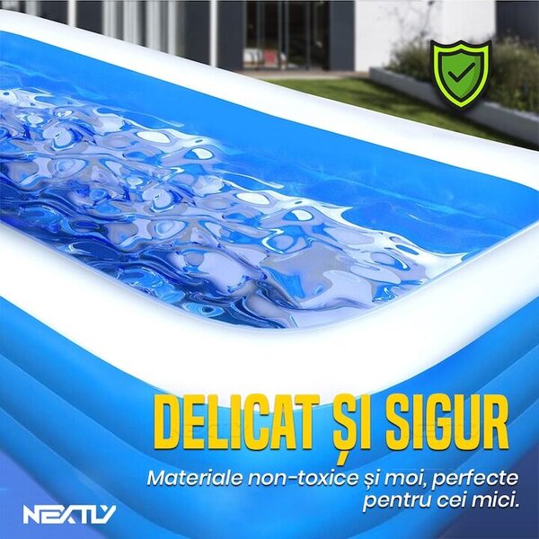NEXTLY felfújható medence, kültéri használatra, 3 független légkamra dupla szelepekkel, kiváló minőségű PVC anyag, könnyen tisztítható és karbantartható, 235x155x50cm, XL kék-fehér színben