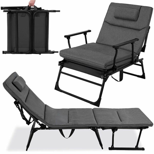 Összecsukható 2-in-1 napozóágy-szék, 5 pozícióval, fém vázzal és matracal, 180x58x89 cm, szürke