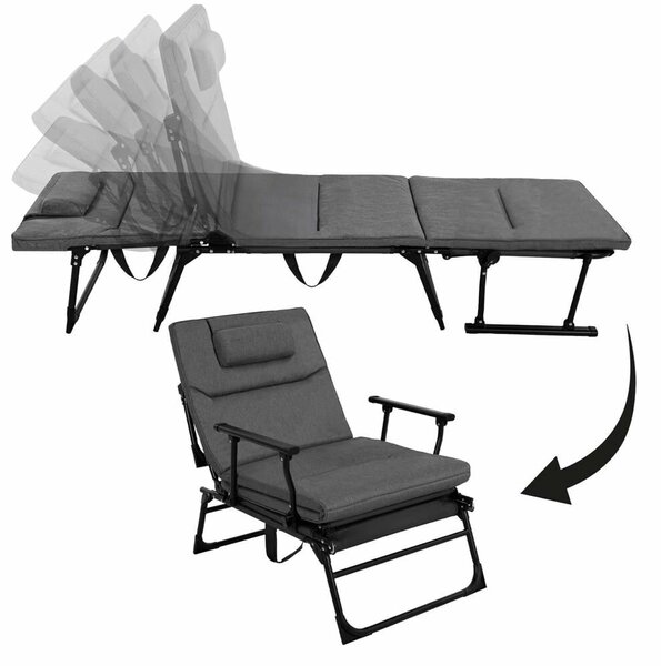 Összecsukható 2-in-1 napozóágy-szék, 5 pozícióval, fém vázzal és matracal, 180x58x89 cm, szürke