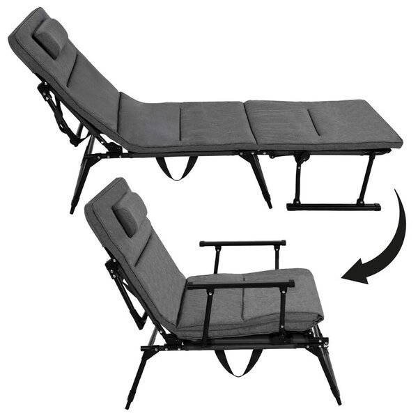 Összecsukható 2-in-1 napozóágy-szék, 5 pozícióval, fém vázzal és matracal, 180x58x89 cm, szürke
