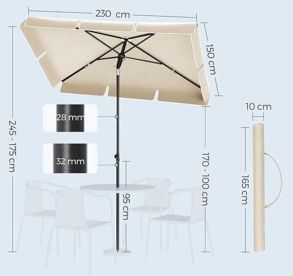 Beállítható terasz- vagy kerti napernyő, 2 irányba dönthető, UV-védelem UPF 50+, tokkal együtt, 230x150 cm, bézs