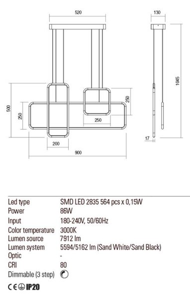 THAI LED csillár, fehér, 3-as