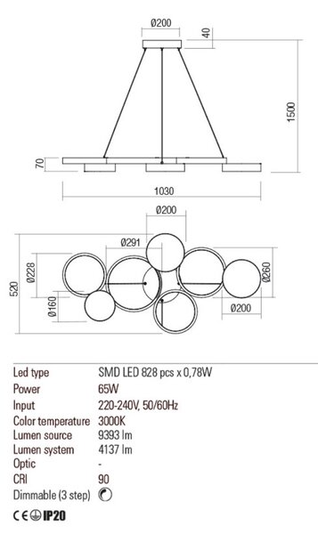 CRONOS modern LED csillár, fehér, hetes