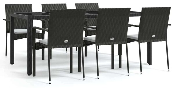 7 részes fekete polyrattan kerti étkezőgarnitúra párnával