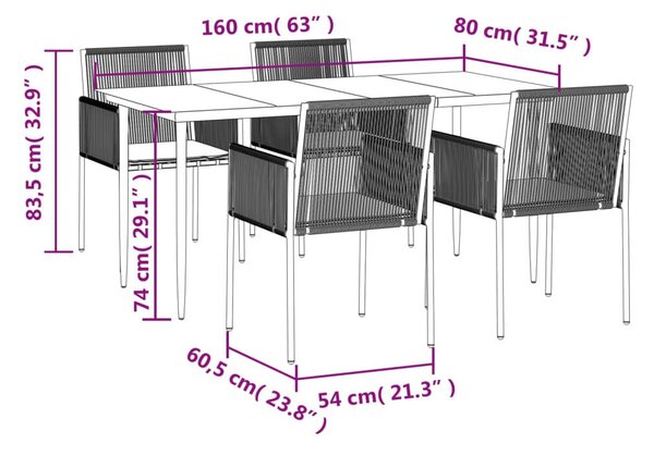 5 részes fekete polyrattan és acél kerti étkezőszett párnákkal