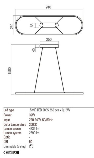 LAP modern LED csillár, fehér, 91x26 cm
