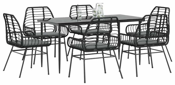 7 részes fekete polyrattan üveg kerti étkezőgarnitúra párnákkal