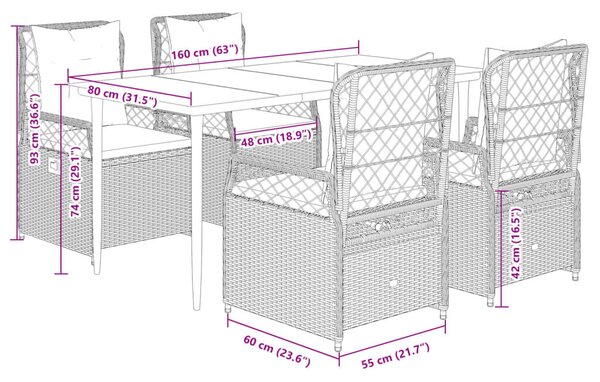 VidaXL 5 részes szürke polyrattan kerti étkezőgarnitúra párnával