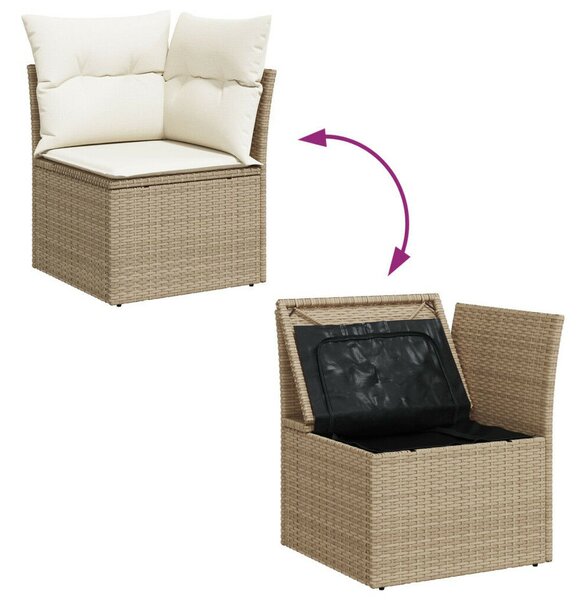 7 Részes Kert Sofa Szett Párnákkal Bézs Poli Rattan, 2-Személyes Kert Sofa Tárolóval és Párnákkal Bézs Poli Rattan