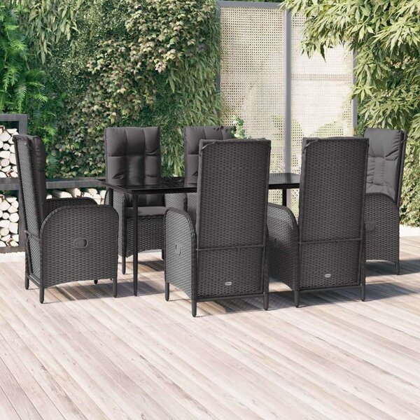 VidaXL 7 részes fekete polyrattan kerti étkezőgarnitúra párnával