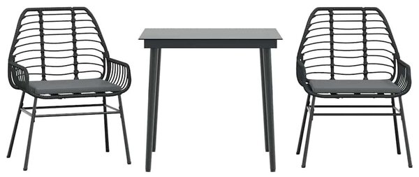3 részes fekete polyrattan üveg kerti étkezőgarnitúra párnákkal