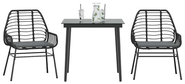 3 részes fekete polyrattan üveg kerti étkezőgarnitúra párnákkal