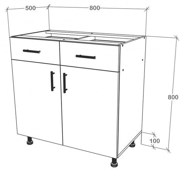 Benita 2 fiókos 2 ajtós Alsó konyhaszekrény Bronz Tölgy-Fehér 80x50x80 cm N