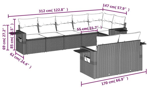 Polyrattan Kerti Ülőgarnitúra - Szürke - 8 részes