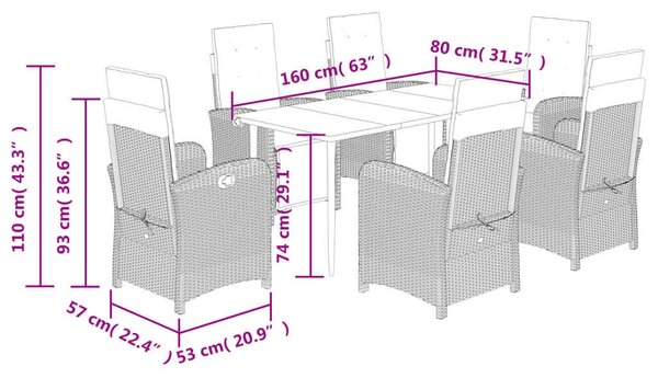 VidaXL 7 részes fekete polyrattan kerti étkezőgarnitúra párnával