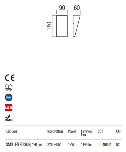 JAPO kültéri LED fali lámpa sötétszürke 9x18 cm, IP54 12W/4000K