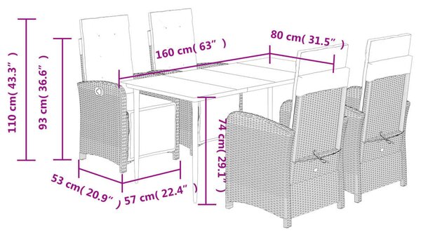 VidaXL 5 részes szürke polyrattan kerti étkezőgarnitúra párnával