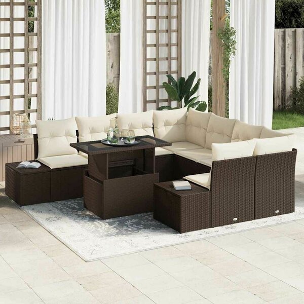9 Darabos Kerti Sofa Szett Barna Rattan Tárolóval Négyzetes