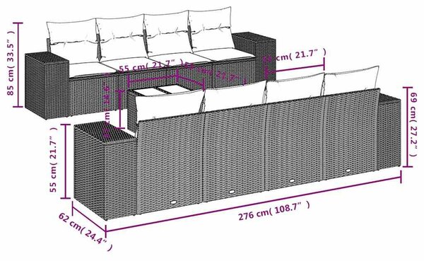 VidaXL 9 db fekete polyrattan kerti kanapégarnitúra párnákkal