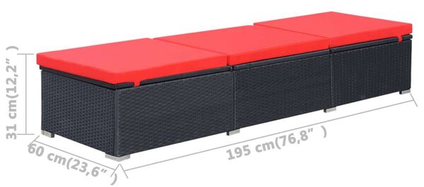 VidaXL Napozóágy - Fekete Polyrattan - Piros Párna
