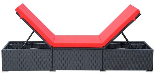 VidaXL Napozóágy - Fekete Polyrattan - Piros Párna