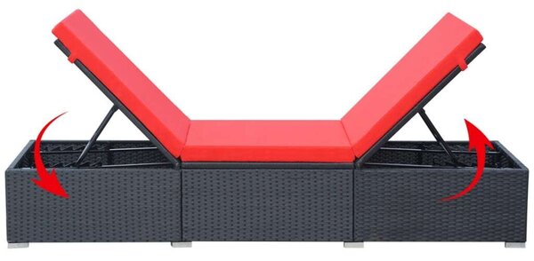 VidaXL Napozóágy - Fekete Polyrattan - Piros Párna