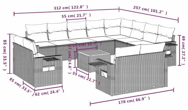 13 db szürke polyrattan kerti kanapégarnitúra párnákkal