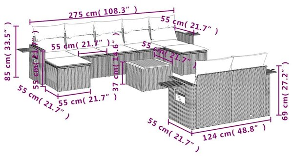 VidaXL 10 db szürke polyrattan kerti kanapégarnitúra párnákkal