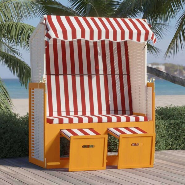 VidaXL piros és fehér polyrattan és tömör fa strandszék tetővel