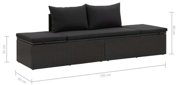 Vidaxl polyrattan napozóágy párnákkal, fekete