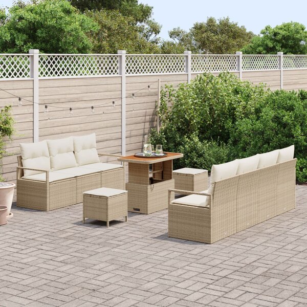 10 Darabos Kerti Kanapészett Párnákkal Bézs Poly Rattan Akáciával, 2 Fős Kerti Kanapé Tárolóval &amp; Párnákkal Bézs Poly Rattan, 3 Darabos Kerti Étkezőszett Párnákkal Bézs Poly Rattan Akáciával